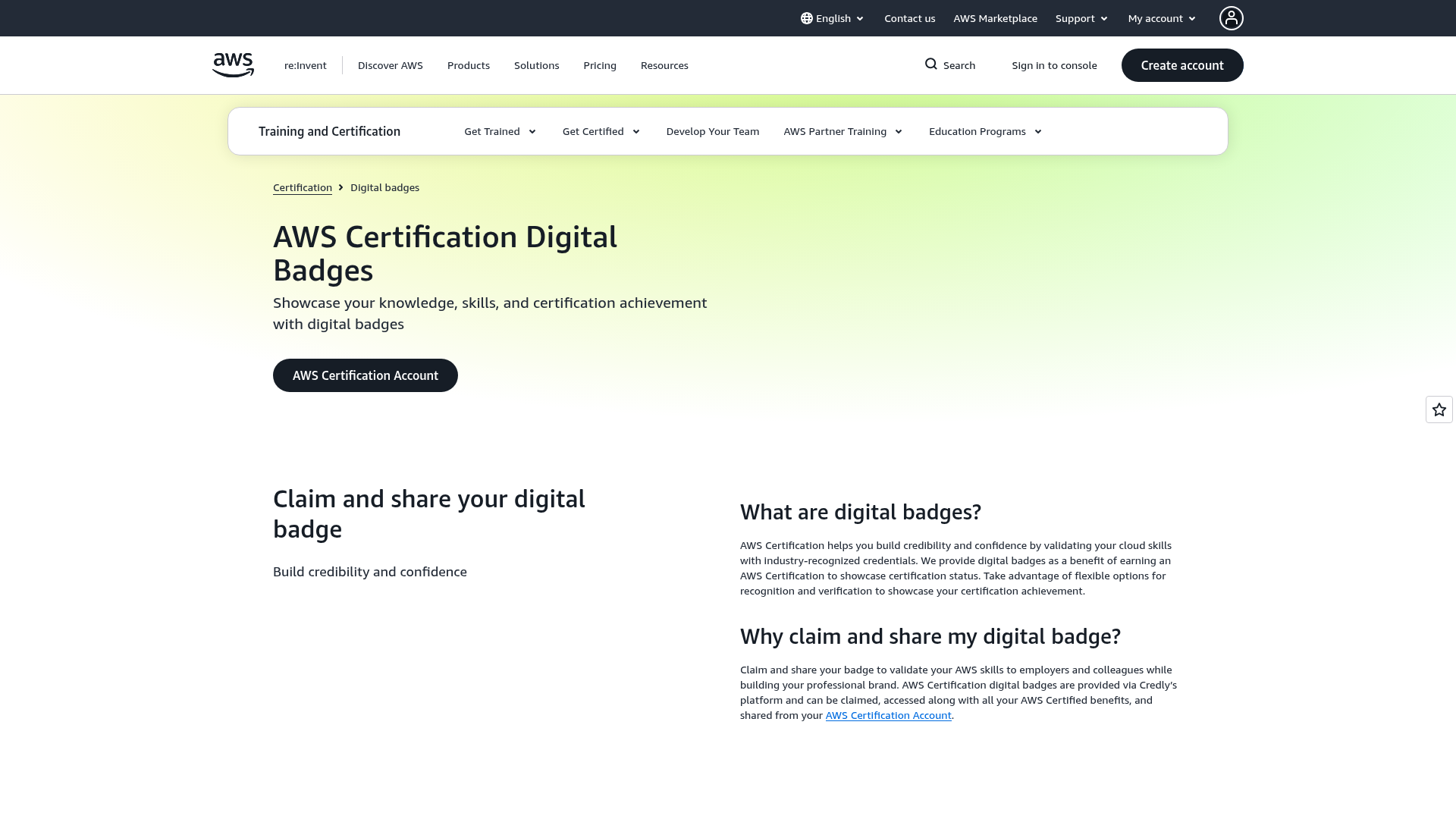 Preview of the official AWS credential information page