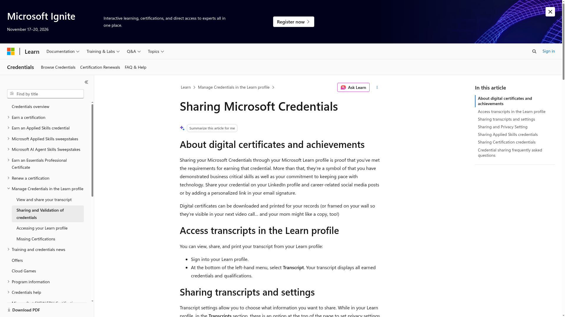 Preview of the official Microsoft credential information page